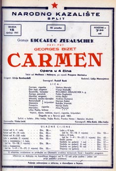 Programska cedulja debija Vjekice Marušić u ulozi Carmen - Georges Bizet, Carmen, Narodno kazalište Split, 13. siječnja 1947.