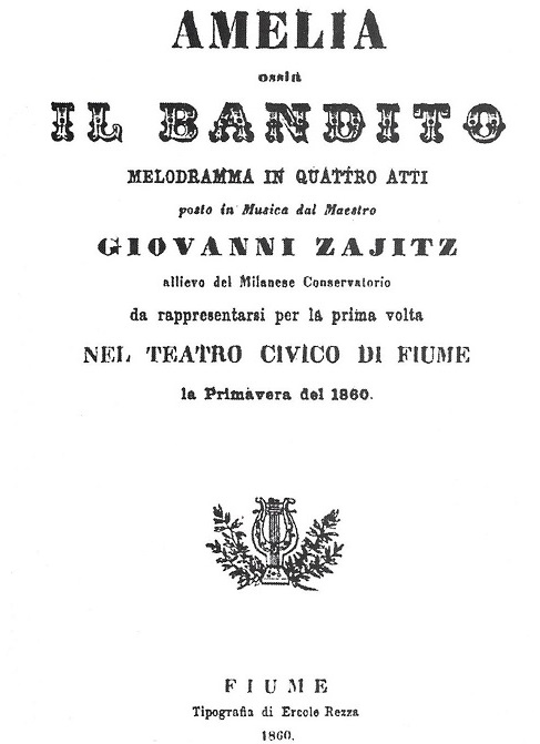 Naslovnica programa praizvedbe <em>Amelije</em> u Teatru civicu u Rijeci, 14. travnja 1860.