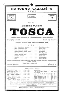 Programska cedulja nastupa Zlate Jukas-Ivanišević u ulozi Florije Tosce – Giacomo Puccini, Tosca, Narodno kazalište Split, 5. prosinca 1946.