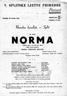 Programska cedulja nastupa Zlate Čulić u ulozi Norme - Vincenzo Bellini, Norma, 5. Splitske ljetne priredbe, 20. srpnja 1958.