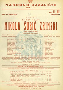 Programska cedulja s premijere opere Nikola Šubić Zrinjski 23. siječnja 1953., dir. Vid Kuzmanić, red. Lidija Mansvjetova