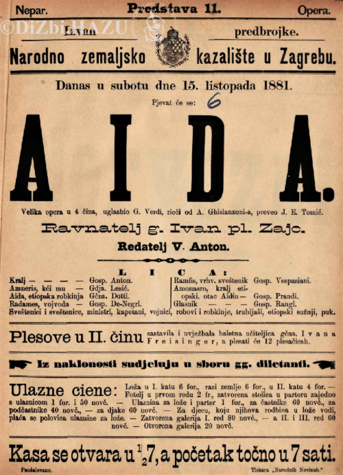 Programska cedulja Verdijeve <em>Aide</em>, 15. listopada 1881., šesta izvedba