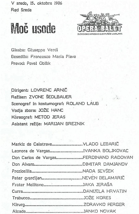 Programska cedulja izvedbe opere <em>Moć sudbine</em>, SNG Ljubljana, 1986. 