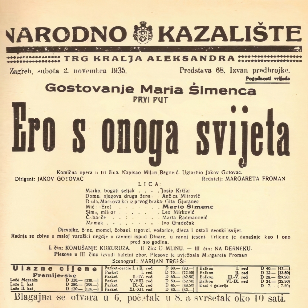 Programska cedulja praizvedbe opere <em>Ero s onoga svijeta</em> 2. studenoga 1935.