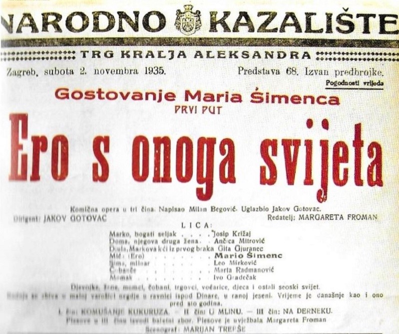 Programska cedulja praizvedbe opere <em>Ero s onoga svijeta</em> u Narodnom kazalištu u Zagrebu, 2. studenog 1935.