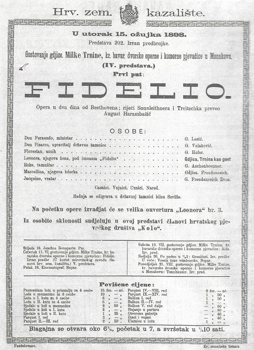 Programska cedulja prve hrvatske izvedbe <em>Fidelija</em> 15. ožujka 1898.