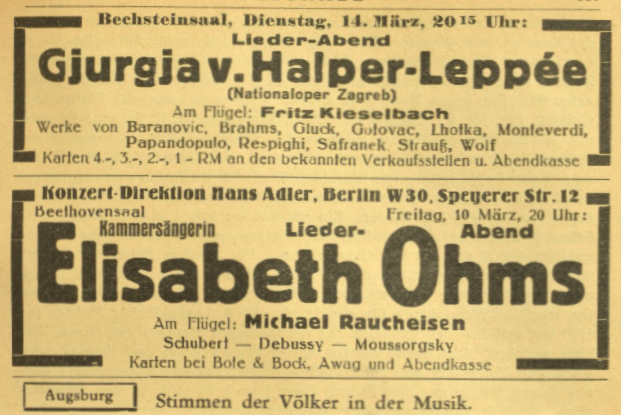 Časopis <em>Signale</em> najavljuje koncert Gjurgje Halper-Leppée 14. ožujka 1939.