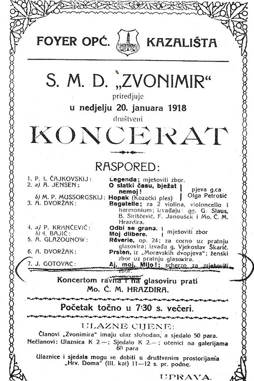 Programska cedulja izvedbe prvog Gotovčeva djela <em>Aj, moj Mijo!</em>, 20. siječnja 1918.