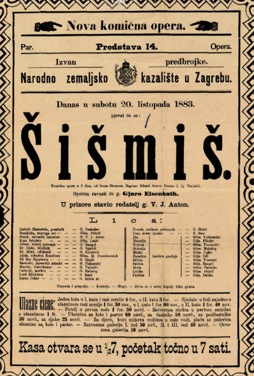 Programska cedulja praizvedbe Straussove opere <em>Šišmiš</em>, 20. listopada 1883.
