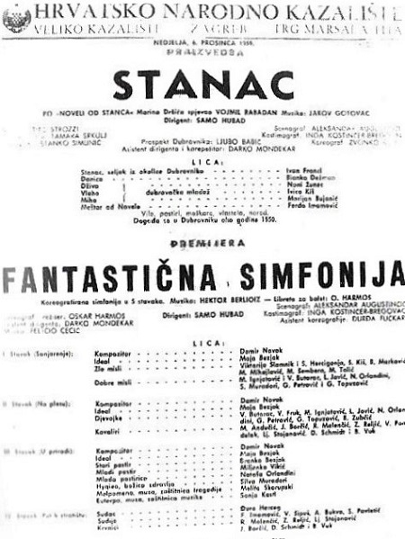 Programska cedulja praizvedbe <em>Stanca</em> u HNK-u u Zagrebu, 6. prosinca 1959.
